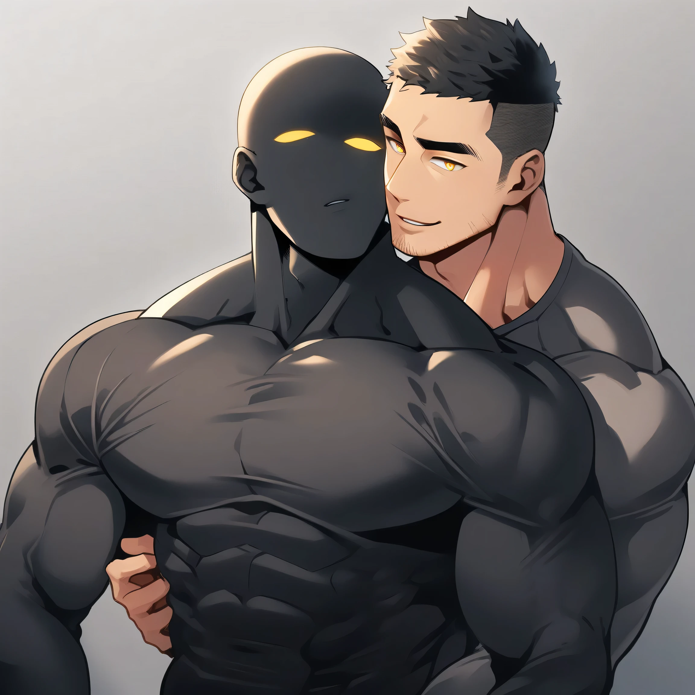 anime characters:Two superheroes in tights, Muscle Sports Student and Muscle No Face skinhead superhero, No Face, black skin, They hugged and kissed each other, Bite your neck, Caress, Manliness, male focus, Yellow and black high collar long sleeve tight T-shirt, Slightly transparent material, Very tight, Round, full and perky chest muscles, Muscle waist, Slightly transparent, muscular male, muscular, only, Upper body, alone, Black short hair, Thick eyebrows, stubble, Yellow eyes, Grey background, simple background, amazing quality, best aesthetics, Ridiculous, bright pupils, crew cut, parted lips, seductive smile, torogao, naughty face, drop shadow, best quality