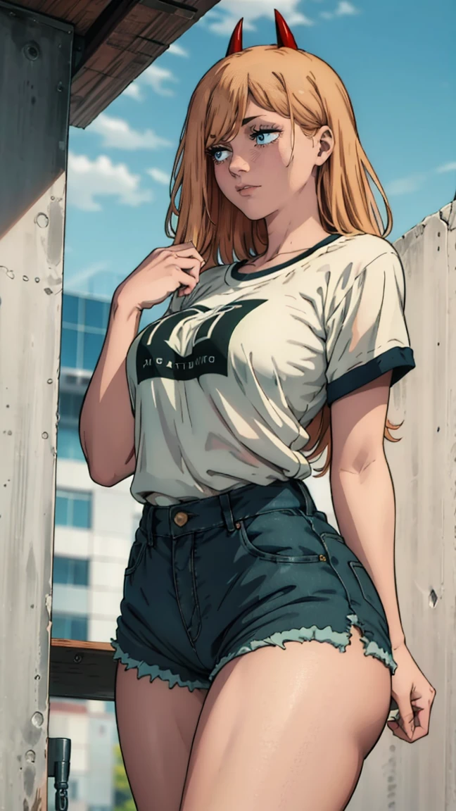 ultra sharp image, beautiful figure, beautiful, full length (full body 1.1.), slender legs, buttocks, slender legs, Wasp waist, erotica, sexy pose, Mouth open in a smile, sharp teeth, laughing, yellow eyes, ultra detailed face, Ultra transparent, Chainsaw Man Energy, Two red sharp horns on the head, ultra sharp image, very beautiful, long hair, blonde, beautiful figure, tight clothes, T-shirt with the image of a cat, denim shorts, shoes, Red crosses and circles instead of pupils, Beautiful body, sexy clothes, Beautiful eyes, very detailed eyes, Very detailed face, Beautiful body, Chereter Design, Very detailed, detailed body, detailed hands, detailed, bright, detailed Face, sharp focus, clap, Artgerm, anime art, bright, detailed Face, Hugh Details, sharp focus, Very downcast face, detailed eyes, Super lovely illustration, best shadow, finely detail, beautiful detail