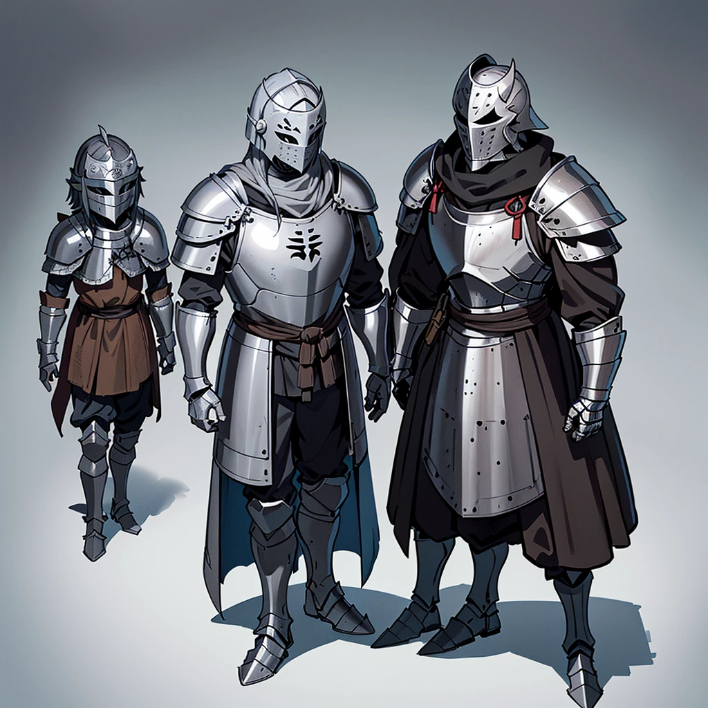 Best illustrations、Best Quality、(Full body character concept、detailed)、(Iron Mask、Iron Helmet、pocket)、(((Medieval Knight、Simple grey armor、male、Age 25)))、(((Get Ready)))、(Medieval Knightが10人)、(From above)