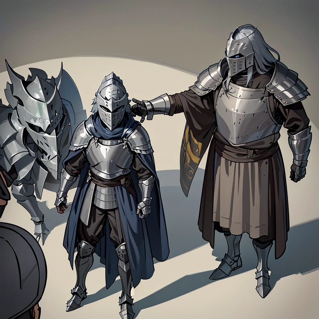 Best illustrations、Best Quality、(Full body character concept、detailed)、(Iron Mask、Iron Helmet、pocket)、(((Medieval Knight、Simple grey armor、male、Age 25)))、(((Get Ready)))、(Medieval Knightが10人)、(From above)