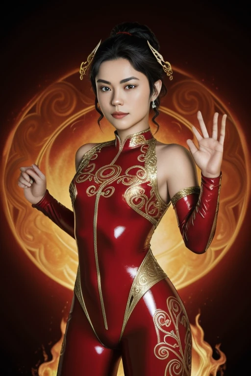 Quarters body 3D image of a strong and beautiful Pirena, surrealistic face and eyes, wearing red and gold swirls and twirls filigree shiny latex spandex, hands holding a shining fire jewel, the hero face is depicted extremely clearly in every detail, fantasy is the background, full hd, best resolution, taken by Canon super marco lens, artistic masterpiece, UHD, 8K."