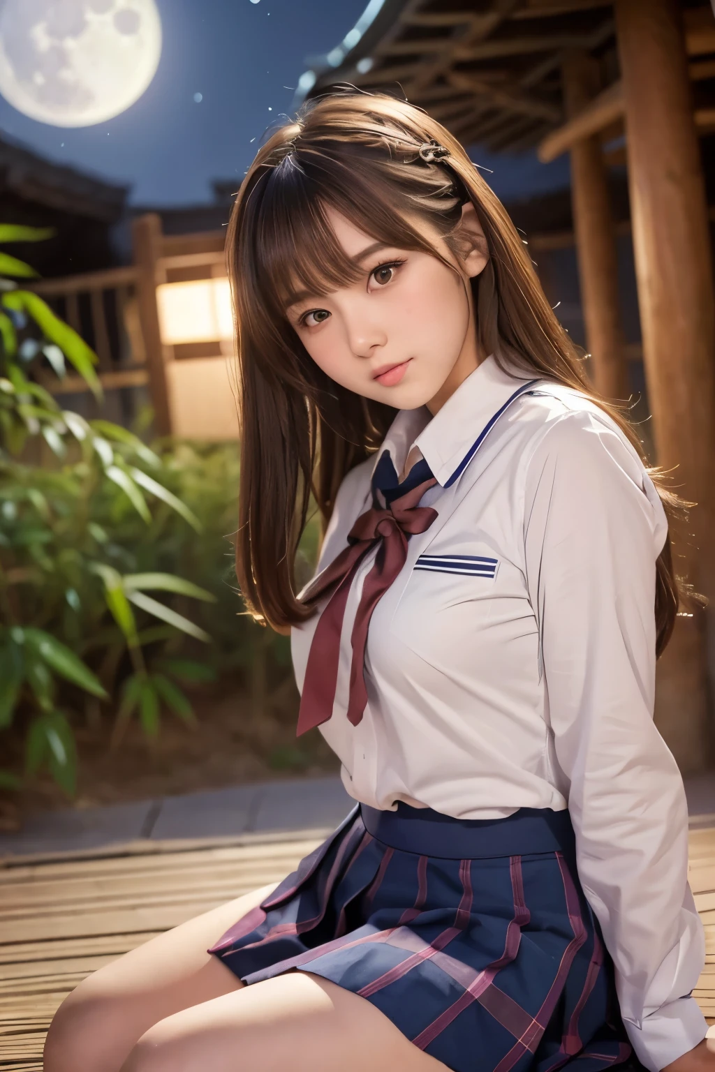 Masterpiece, Beautiful high school girl,sitting in the bamboo wood, (Japanese idle:1.4), brown hair, Plump breast, Blushed face, From below, (school uniform), Full moon night, (milkeyway:1.3), Tanabata Festival paper strips