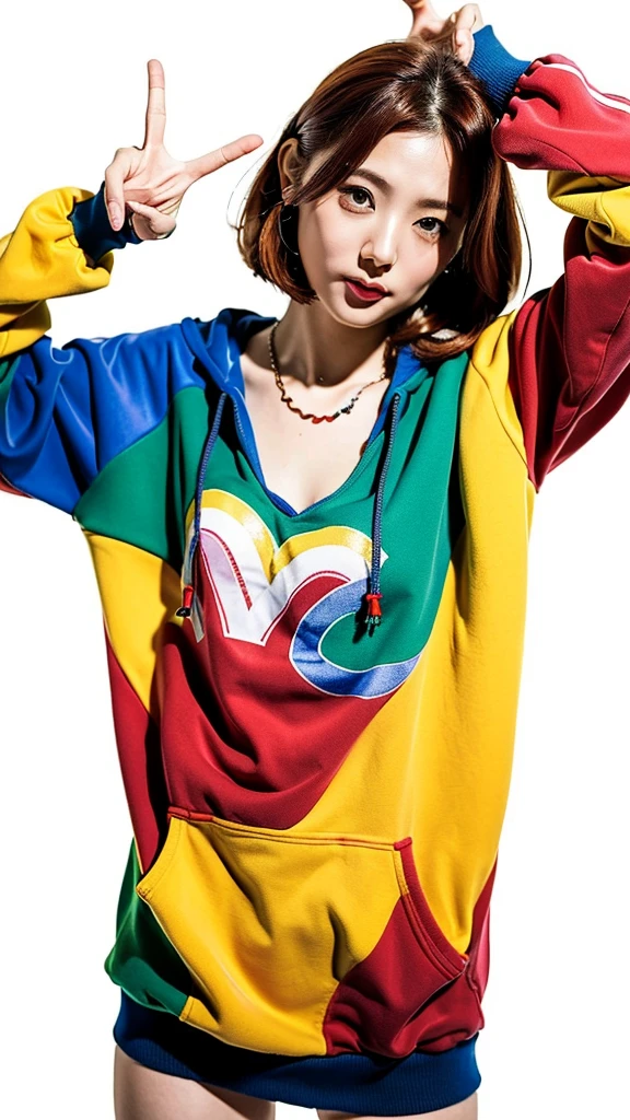 (Highest quality, 8K, 32k, masterpiece, Ultra-high resolution:1.2),Beautiful Japanese Women Photos, Rainbow clothes、Rainbow hoodie、Large Breasts, Very short bob hair,Red hair, necklace, Simple Background, From above, View your viewers,Red Hair、White background、peace sign、Pause