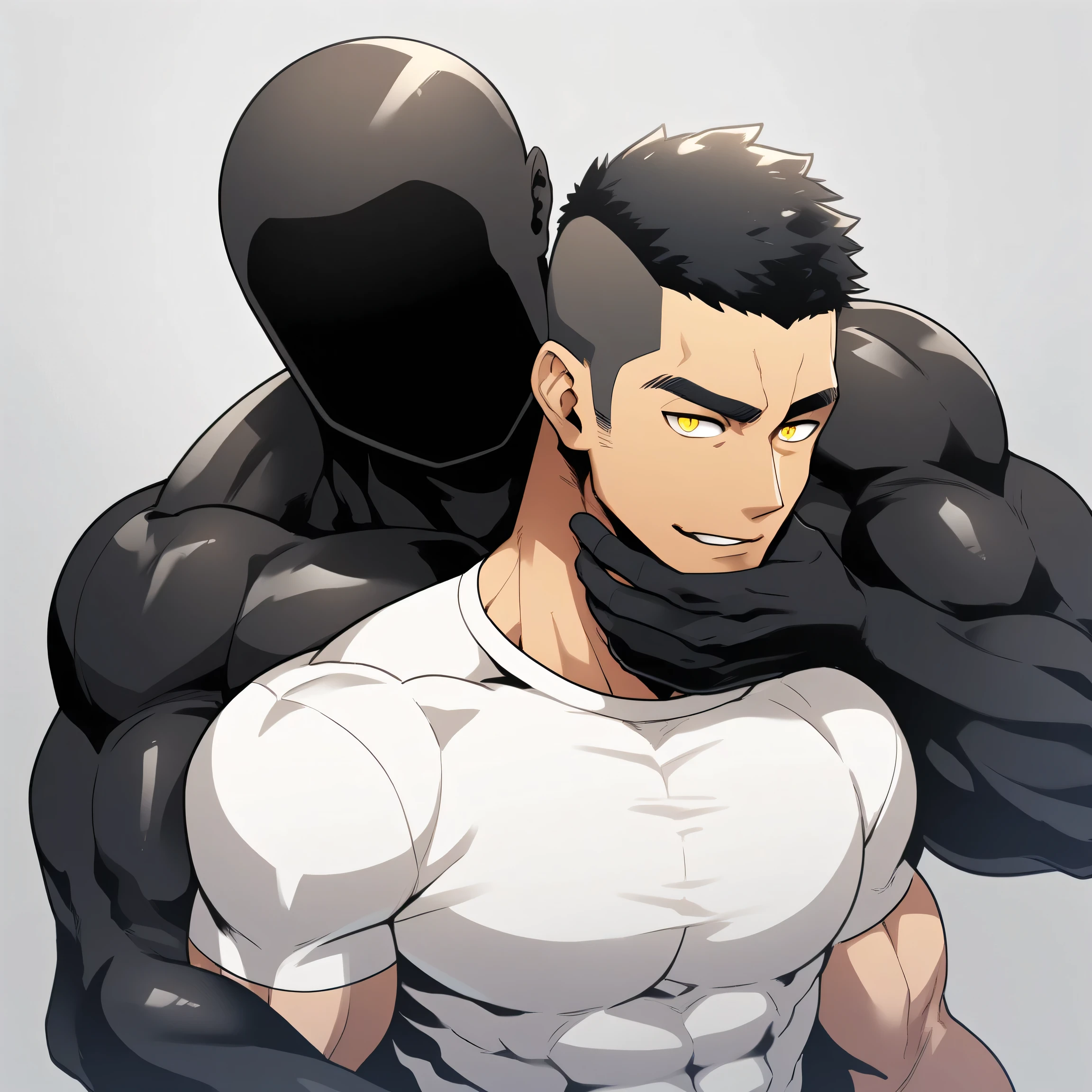 anime characters:Two superheroes in tights, Muscle Sports Student and Muscle No Face skinhead superhero, No Face,negro black skin, They hugged and kissed each other, Bite your neck, Caress, Manliness, male focus, Yellow and black high collar long sleeve tight T-shirt, Slightly transparent material, Very tight, Round, full and perky chest muscles, Muscle waist, Slightly transparent, muscular male, muscular, only, Upper body, alone, Black short hair, Thick eyebrows, stubble, Yellow eyes, Grey background, simple background, amazing quality, best aesthetics, Ridiculous, bright pupils, crew cut, parted lips, seductive smile, torogao, naughty face, drop shadow, best quality