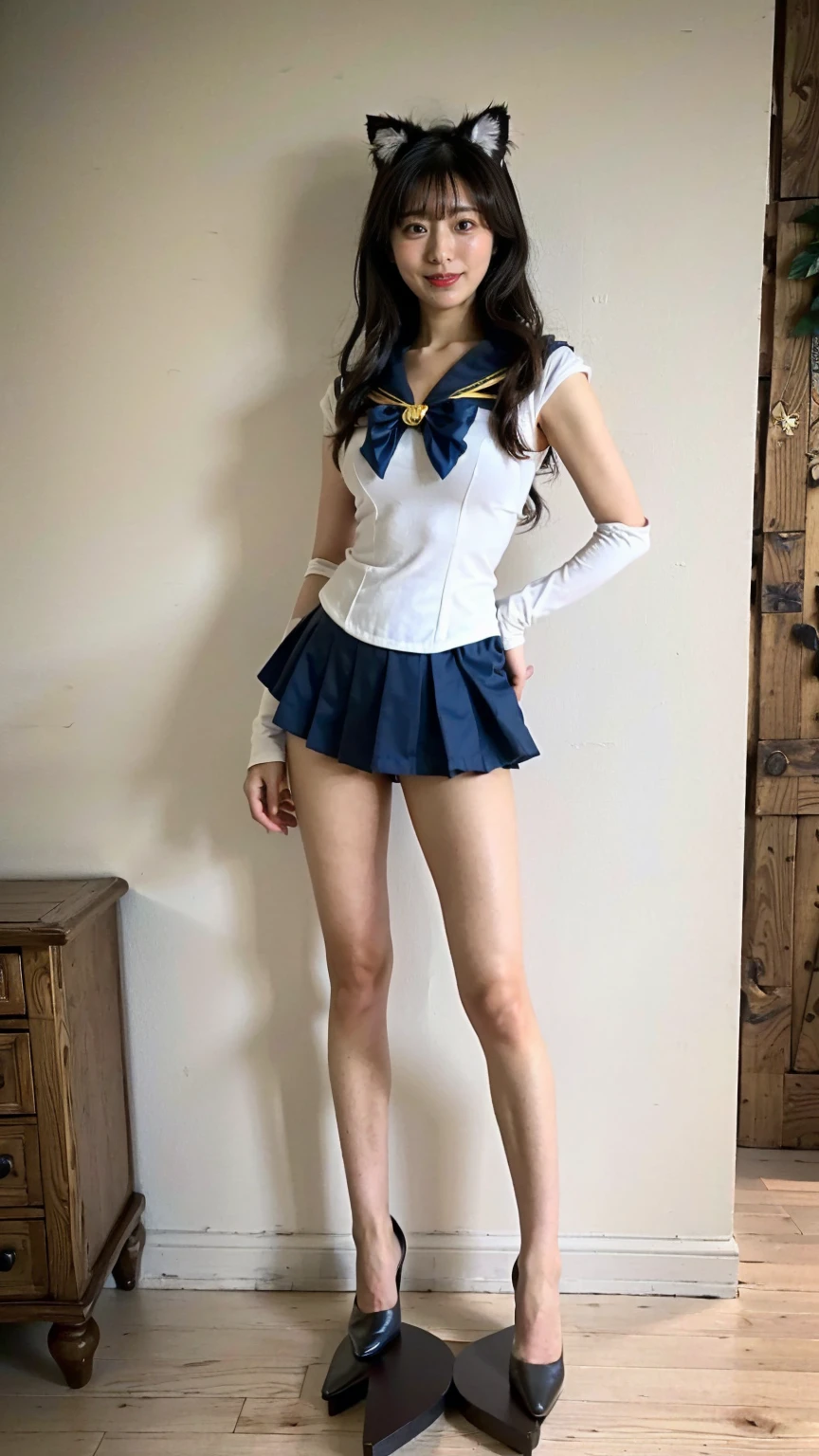 (8K、RAW Photos、Highest quality、masterpiece:1.2)、(Realistic、Realistic)、1 Girl、((Sailor Moon Costume:1.2、Thin legs、whole body、View from the front、smile、Looking into the camera、Stand with hands on hips))、cute