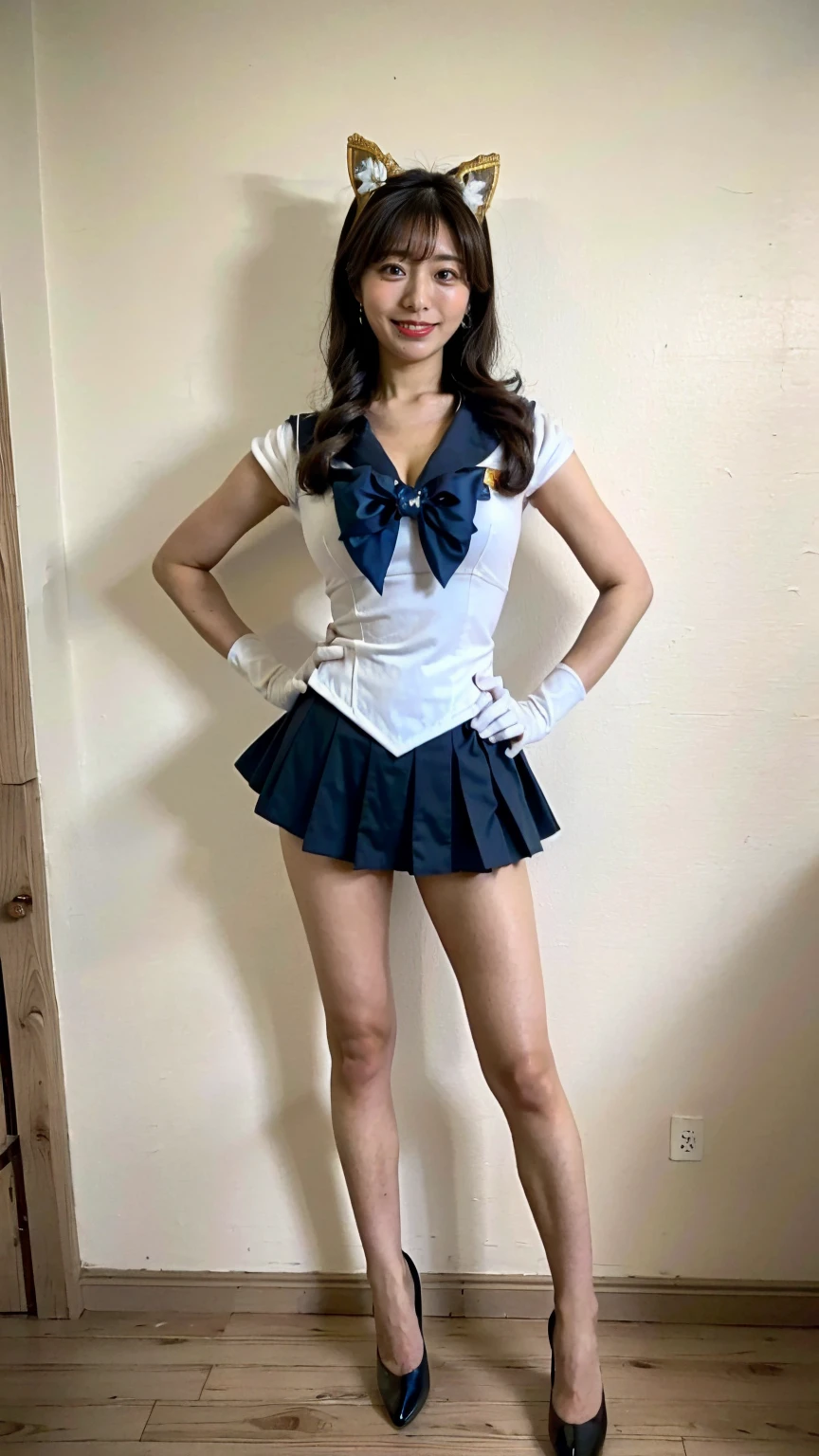 (8K、RAW Photos、Highest quality、masterpiece:1.2)、(Realistic、Realistic)、1 Girl、((Sailor Moon Costume:1.2、Thin legs、whole body、View from the front、smile、Looking into the camera、Stand with hands on hips))、cute