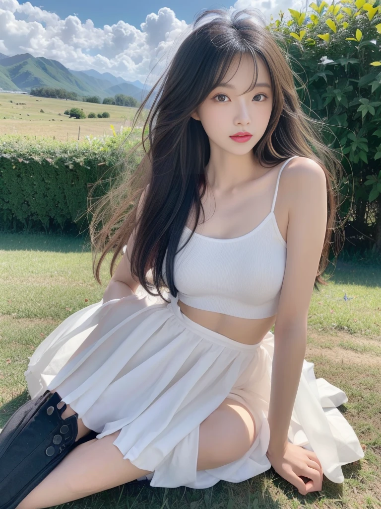 ((best quality, 8k, masterpiece:1.3)), a beautiful girl, pure, melon face, gentle and cute, thin figure, (frontal), (tilted head), looking directly into the camera, [detached sleeves::0], [collared shirt::0], [capri pants::0], black silky long straight hair, long hair flowing over the shoulders, round black big eyes, clear big eyes, moist red lips, sweet smile, sitting, hands on knees, Blue sky and white clouds, sunshine, grassland, mountain peaks, northern view of Tibetan grassland