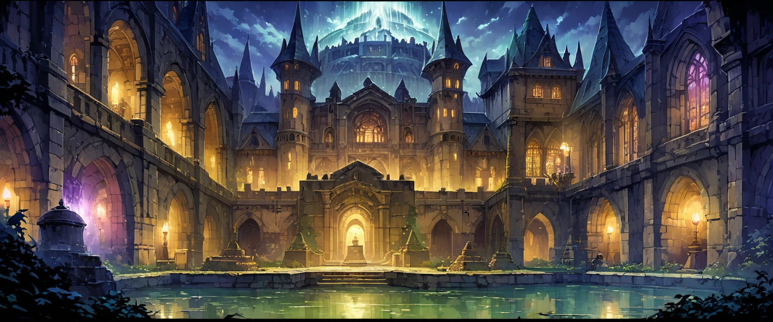 Magic Academy(Medieval European Temples),There are huge walls around.,There is a lake in the atrium,There is a fountain in the middle of the lake,The castle is richly decorated,There is a magic tower in the distance behind the castle,Towering into the sky,Shrouded in a mysterious light,Background is night。Mid-ground composition,Panorama pictures,Scene screen,Game concept art style,Anime illustration style,HD,4K。