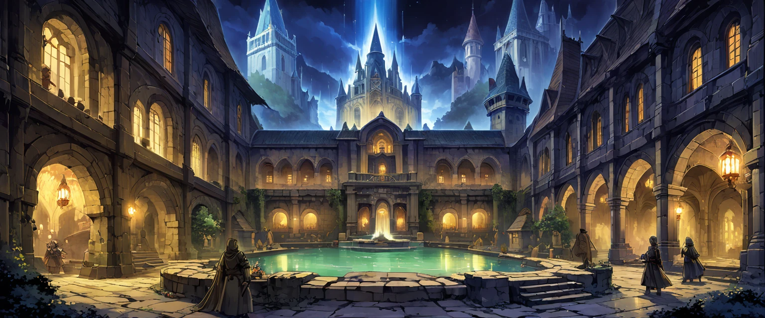 Magic Academy(Medieval European Temples),There are huge walls around.,There is a lake in the atrium,There is a fountain in the middle of the lake,The castle is richly decorated,There is a magic tower in the distance behind the castle,Towering into the sky,Shrouded in a mysterious light,Background is night。Mid-ground composition,Panorama pictures,Scene screen,Game concept art style,Anime illustration style,HD,4K。