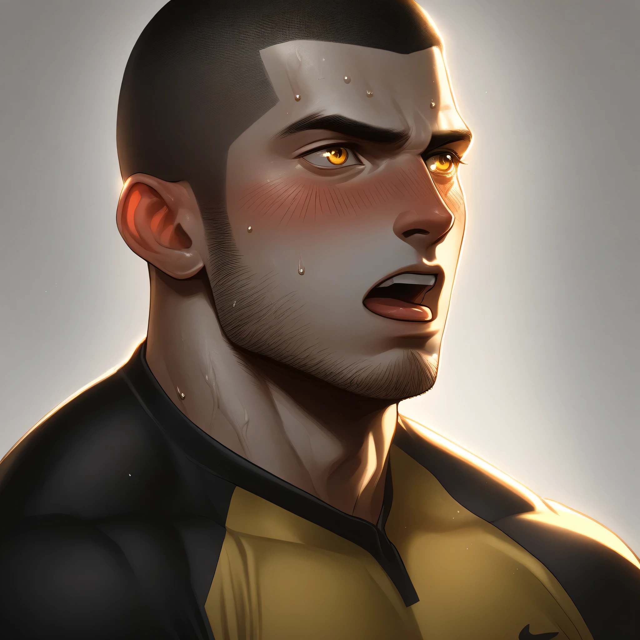 1muscular sportsman, Athlete,male focus, Buzz Cut, Yellow and black tight T-shirt, one ,Very tight, muscular male, muscular, only, Upper body, alone, look to the side, short hair, stubble, sweat, black hair, Yellow eyes, open lips, White background, simple background, amazing quality, best aesthetics, Ridiculous, crew cut, moaning, blush, clair obscur, cinematic lighting, best quality, textured skin