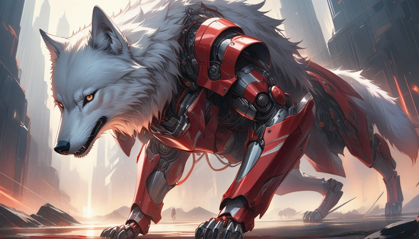 ((Masterpiece)), ((Best Quality)), (Very Detailed), ((Very Detailed)), 4K, (8K), very aesthetic, absurdres highres, A highly detailed and realistic illustration of a wolf wearing advanced red and silver mechanical armor. The armor should have intricate details, with visible joints, wires, and panels, giving a futuristic and robotic appearance. The wolf should have a majestic and fierce expression, with sharp, intense eyes. The fur should be a vibrant red with white highlights, seamlessly integrated with the armor. The mechanical armor should feature various shades of red with metallic silver accents, showing signs of wear and battle damage for added realism. The armor plates should have a glossy finish with subtle reflections and highlights. The wolf's posture should be strong and imposing, standing on all fours, ready to run, with its head held high. The wolf should display a natural and realistic movement, as if it understands the physiology and behavior of real wolves. The background should be plain and unobtrusive, possibly a simple gradient or solid color, to ensure all focus is on the character.