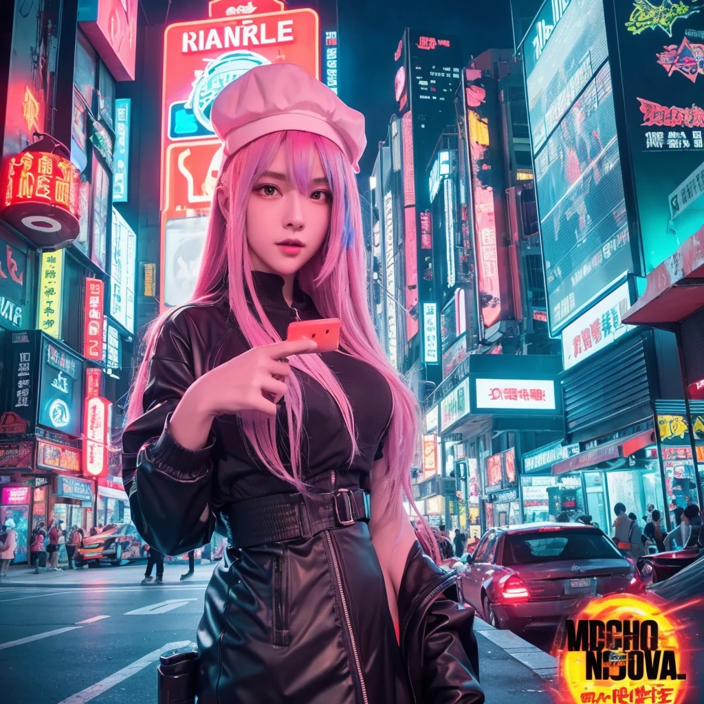 Create image poster concepts Cyberpunk Manga Madness Poster
Background: A bustling cyberpunk cityscape with towering skyscrapers, neon signs, and holographic projections of burgers and fries casting colorful glows in shades of neon blue, purple, and pink.

Character: In the center of the poster, a young woman with vibrant pink hair and large, glowing eyes in a cyberpunk manga style. She is depicted taking a big bite out of a digital-rendered burger, displaying a look of pure enjoyment and excitement.

Fast Food Imagery: Around the character, floating holographic projections of various futuristic fast food items:

Digital pizza slices with glowing toppings
Holographic onion rings emitting digital steam
Neon-lit milkshakes with swirling colors
Typography:

Bold, glowing red "Fast Food Frenzy!" heading with digital effects, placed prominently at the top of the poster.
Floating speech bubble with animated "Get Your Grub On!" tagline in futuristic font, positioned near the character to emphasize the theme.
Color Scheme: Vibrant and electric palette with neon blues, purples, pinks, and digital greens, creating a visually striking cyberpunk atmosphere.

Additional Elements:

Floating holographic icons of a digital ketchup bottle, soda cup, and high-tech chef hat scattered strategically around the poster to enhance the futuristic theme.
Final Touches: Ensure the layout is dynamic and balanced, with enough space for the manga character to stand out amidst the vibrant cyberpunk environment. Incorporate digital effects and neon glows to reinforce the futuristic aesthetic.