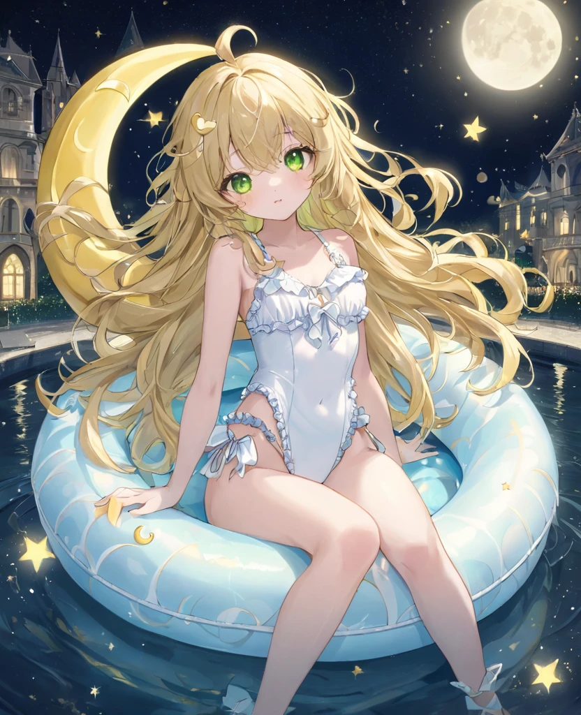 (masterpiece, best quality:1.2), (absurdres, highres, ultra-detailed), (perfect anatomy),
Beautiful woman、Night Pool、Riding on a cute float、Blonde、Fluffy longhair、Yellow-green eyes、Background glitter、night、Crescent Moon、heart、White frilly swimsuit
(8K, RAW photo:1.2),detailed face and eyes,intricate detail ,masterpiece ,sharp focus, high quality,BREAK,rating: general, newest