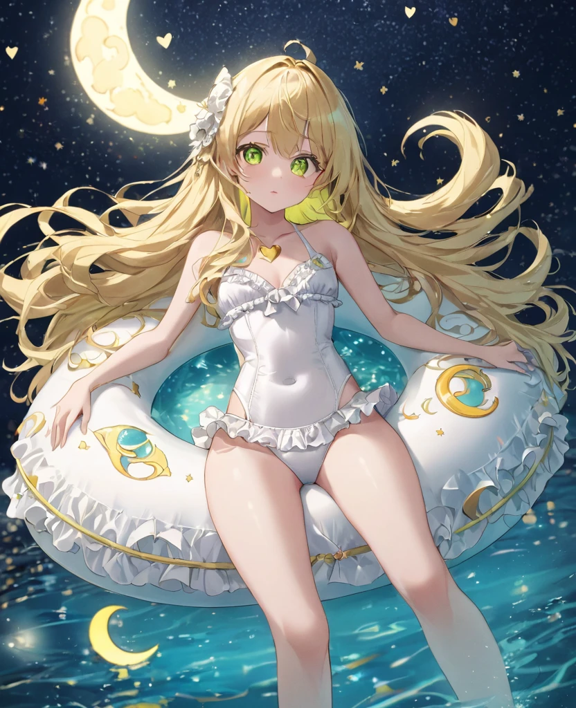 (masterpiece, best quality:1.2), (absurdres, highres, ultra-detailed), (perfect anatomy), 
Beautiful woman、Night Pool、Riding on a cute float、Blonde、Fluffy longhair、Yellow-green eyes、Background glitter、night、Crescent Moon、heart、White frilly swimsuit

(8K, RAW photo:1.2),detailed face and eyes,intricate detail ,masterpiece ,sharp focus, high quality,BREAK,rating: general, newest