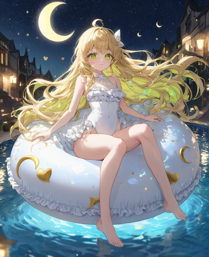 (masterpiece, best quality:1.2), (absurdres, highres, ultra-detailed), (perfect anatomy),
Beautiful woman、Night Pool、Riding on a cute float、Blonde、Fluffy longhair、Yellow-green eyes、Background glitter、night、Crescent Moon、heart、White frilly swimsuit
(8K, RAW photo:1.2),detailed face and eyes,intricate detail ,masterpiece ,sharp focus, high quality,BREAK,rating: general, newest