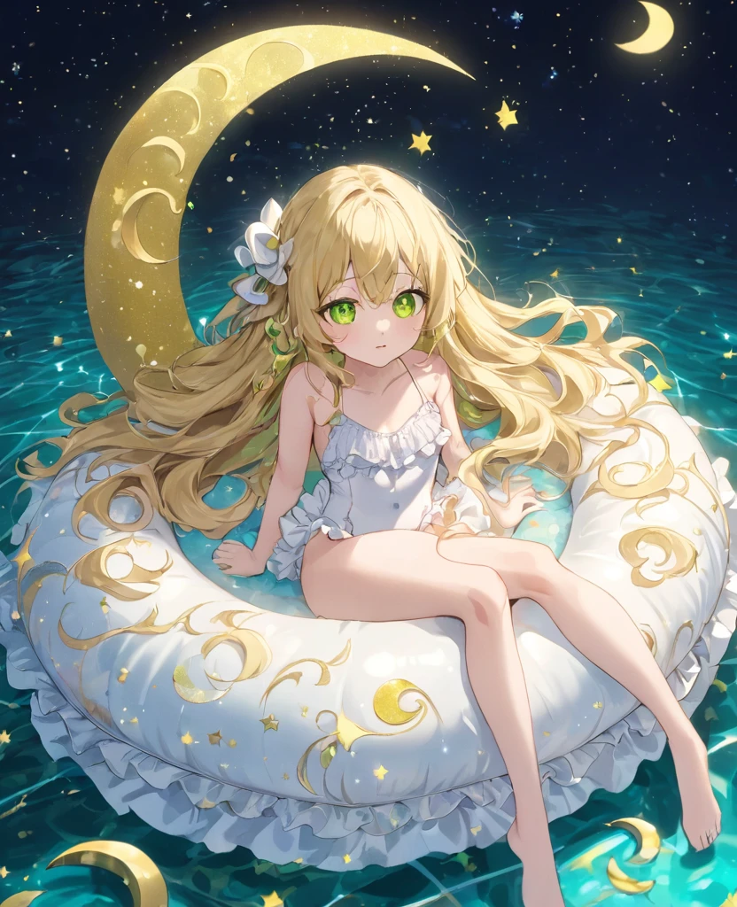 (masterpiece, best quality:1.2), (absurdres, highres, ultra-detailed), (perfect anatomy),
Beautiful woman、Night Pool、Riding on a cute float、Blonde、Fluffy longhair、Yellow-green eyes、Background glitter、night、Crescent Moon、heart、White frilly swimsuit
(8K, RAW photo:1.2),detailed face and eyes,intricate detail ,masterpiece ,sharp focus, high quality,BREAK,rating: general, newest