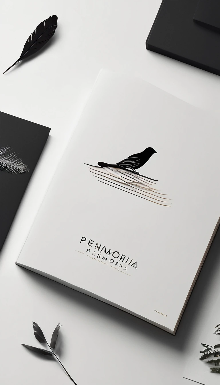 A minimal, modern, simple, cinematic logotype for the brand “Penamemoria". The logotype must be a simple, magical feather and a boy playing acoustic guitar. The logo must convey a sense of music, stories and dreams. Logo design impressed on a book cover. Minimalistic logo
