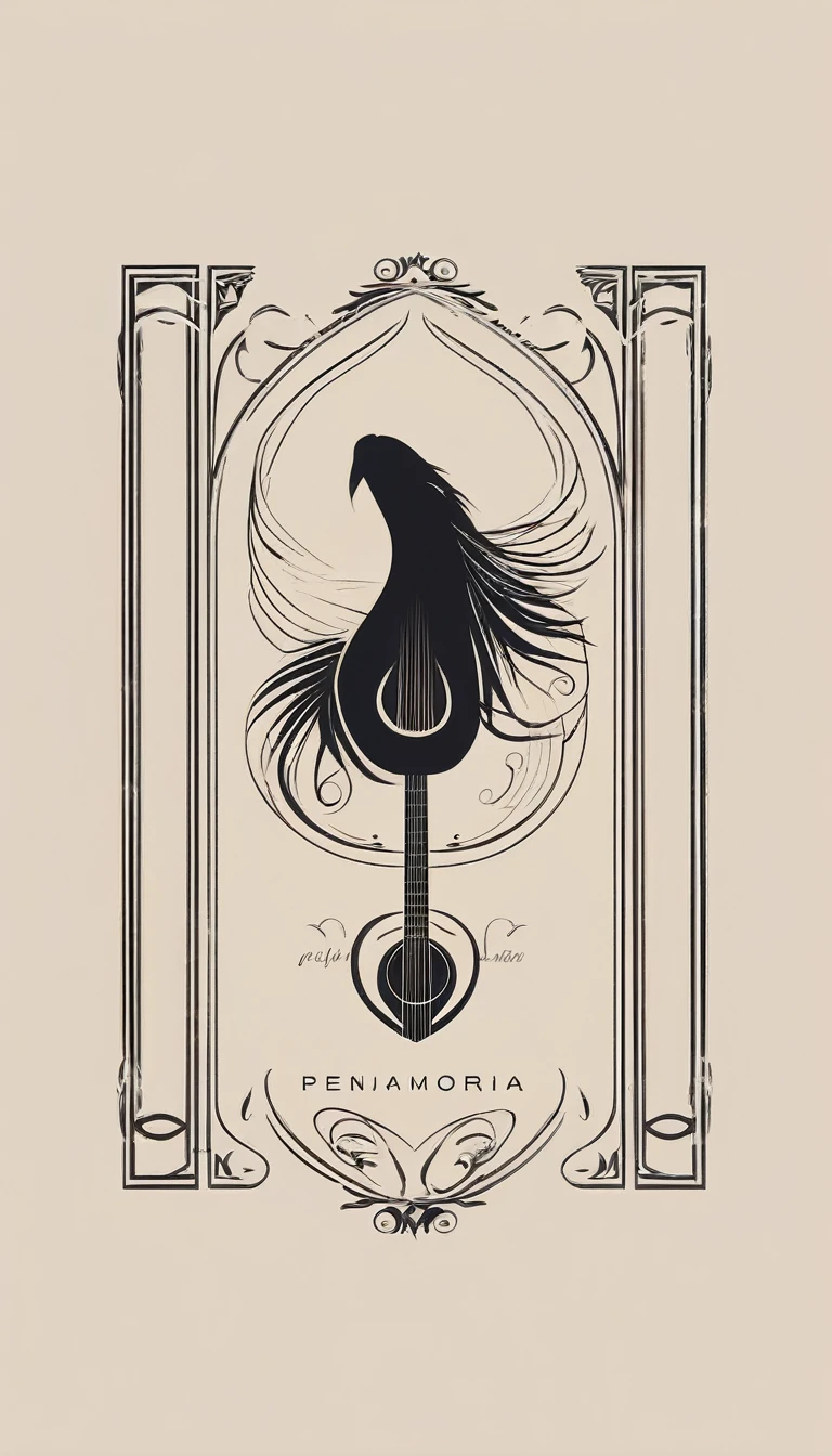 A minimal, modern, simple, cinematic logotype for the brand “Penamemoria". The logotype must be a simple, magical feather and a boy playing acoustic guitar. The logo must convey a sense of music, stories and dreams. Logo design impressed on a book cover. Minimalistic logo