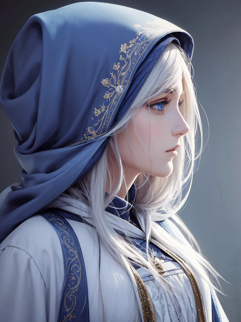 ((masterpiece, Highest quality, Official Art, beautiful)), ((profile)), Girl, mysterious, Pansy hair color, Blue Eyes, prophet, Sad look, White hood on head, Parallel eyebrows, Fantasy, dark, Romanian