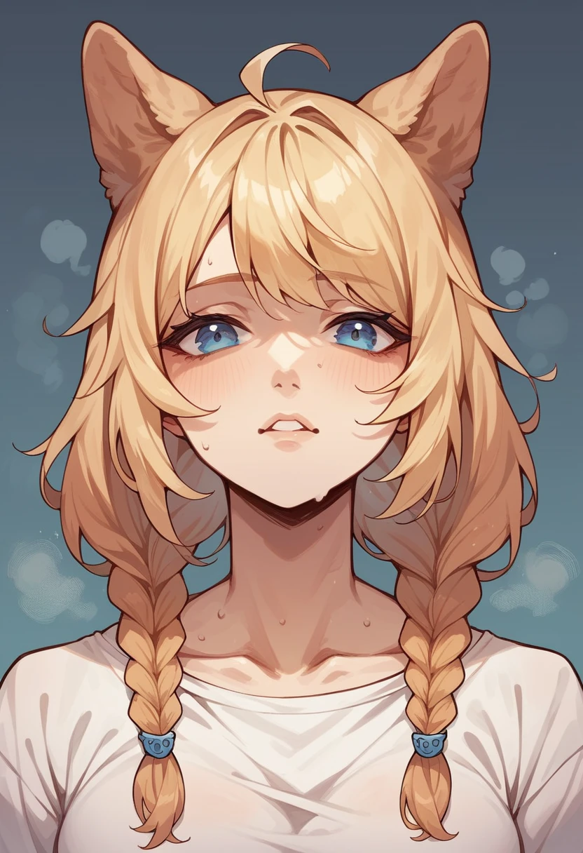 masterpiece, blond hair, ywoman, blue eyes, {{dog ears}}}, long twin braids, medium hair, portrait, heat shot