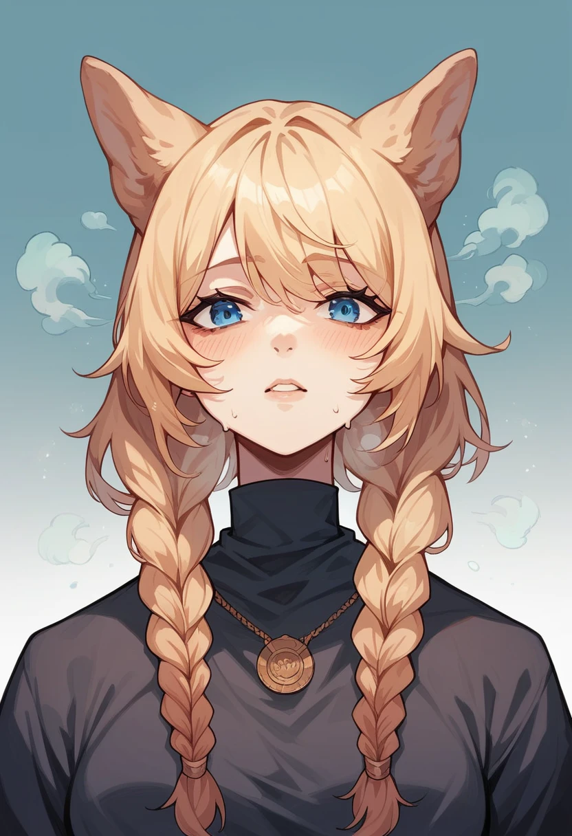 masterpiece, blond hair, ywoman, blue eyes, {{dog ears}}}, long twin braids, medium hair, portrait, heat shot
