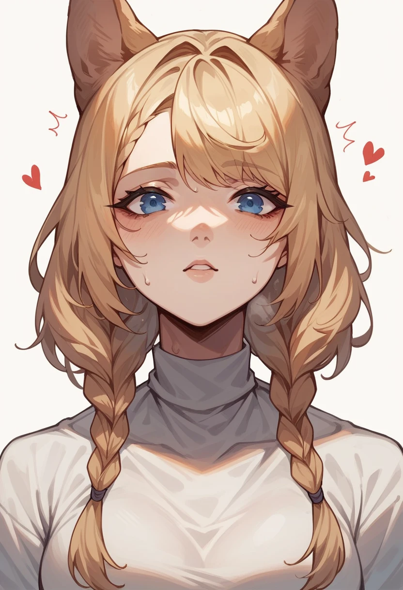 masterpiece, blond hair, ywoman, blue eyes, {{dog ears}}}, long twin braids, medium hair, portrait, heat shot