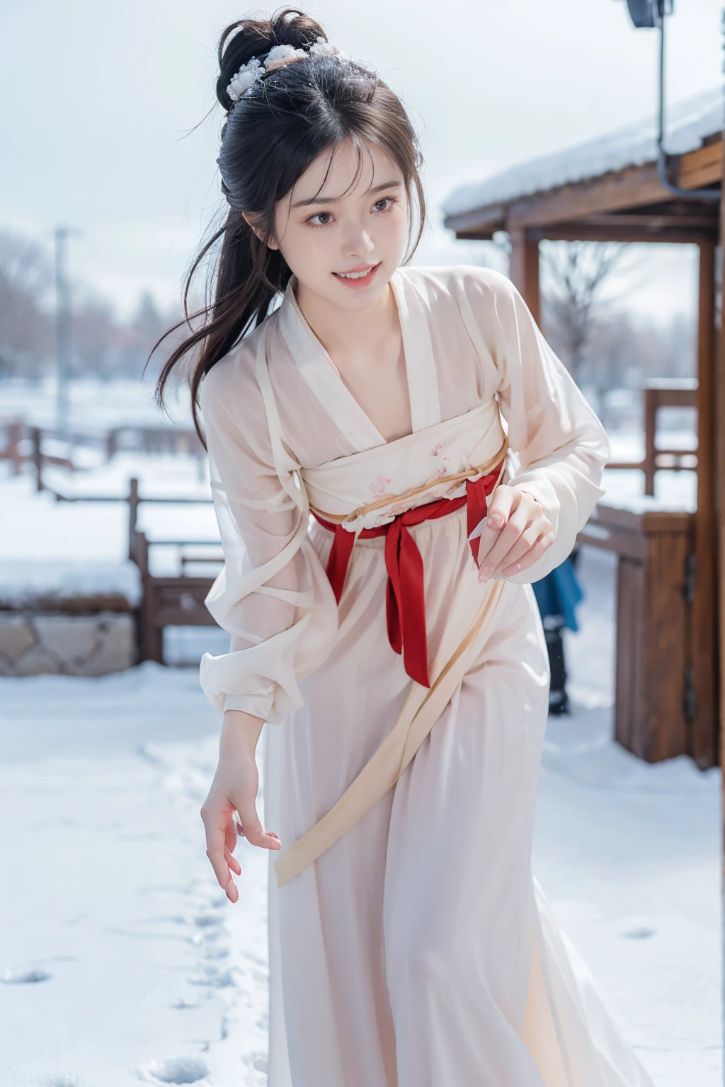 Wearing Hanfu, Fair skin, 1 Girl,Please close your mouth and laugh,happy, Winters,23-year-old woman,high quality,looking at the camera,Facing the audience,snow day,Real person,Beautiful and delicate girl, running、 Highly detailed eyes and face,Fine details,Unity,8k wallpaper,Real person,Have