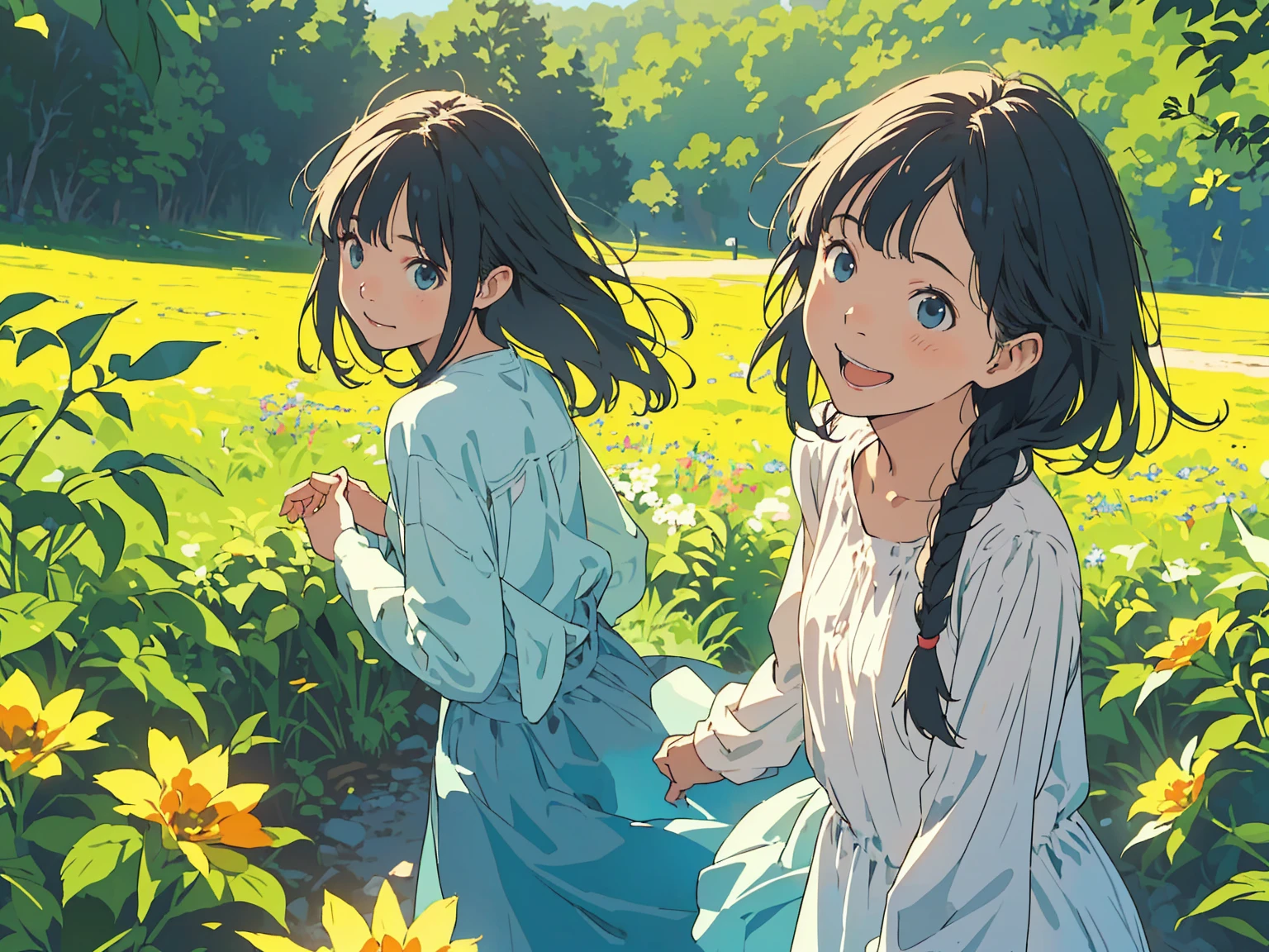 Reasonable design, Clear lines, High Sharpness, (Highest quality,8K,Perfect sharpness,Ultra fine,High resolution,masterpiece:1.2), Perfect Anatomy:1.5, Official Art, Illustrations that tell a story, (Whitish background:0. 9)、Body Positivity、多Mr.な身体表現、(Random and energetic poses)、Perfect beauty、Perfect beautiful face、Strong winds、A rich expression、Dynamic composition、smile、Golden ratio composition、colorful、((Mr.々Different angles and perspectives))、Anime Art、(Mini dress)、(Overcoming stereotypes)、 Glowing Skin、(Natural beauty)、smile、Bangs、(Soft and flowing hair)、(countryside)、(Nostalgic atmosphere)、Put it up to your thighs、(Playful and carefree)、(多Mr.な民族のキャラクター)、(innocent attitude)、(Sunny atmosphere)、(The skirt flutters wildly in the wind)、(Bright colors)、Beautiful Eyes、(Embarrassing)、Braided Hair、Summer Scene、Smiling among flowers、Side angle、