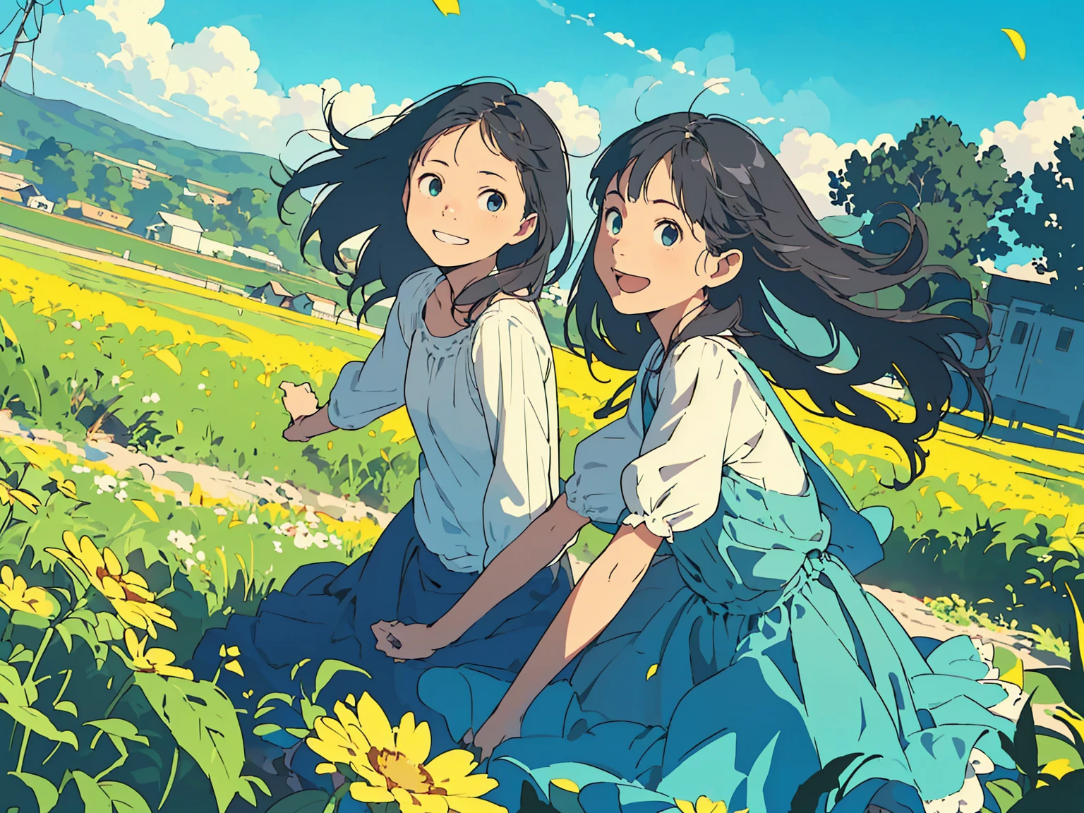 Reasonable design, Clear lines, High Sharpness, (Highest quality,8K,Perfect sharpness,Ultra fine,High resolution,masterpiece:1.2), Perfect Anatomy:1.5, Official Art, Illustrations that tell a story, (Whitish background:0. 9）、Body Positivity、多Mr.な身体表現、（Random and energetic poses）、Perfect beauty、Perfect beautiful face、Strong winds、A rich expression、Dynamic composition、smile、Golden ratio composition、colorful、（(Mr.々Different angles and perspectives)）、Anime Art、(Mini dress)、（Overcoming stereotypes）、 Glowing Skin、（Natural beauty）、smile、Bangs、（Soft and flowing hair）、（countryside）、（Nostalgic atmosphere）、Put it up to your thighs、（Playful and carefree）、（多Mr.な民族のキャラクター）、（innocent attitude）、（Sunny atmosphere）、(The skirt flutters wildly in the wind)、（Bright colors）、Beautiful Eyes、(Embarrassing)、Braided Hair、Summer Scene、Smiling among flowers、Side angle、