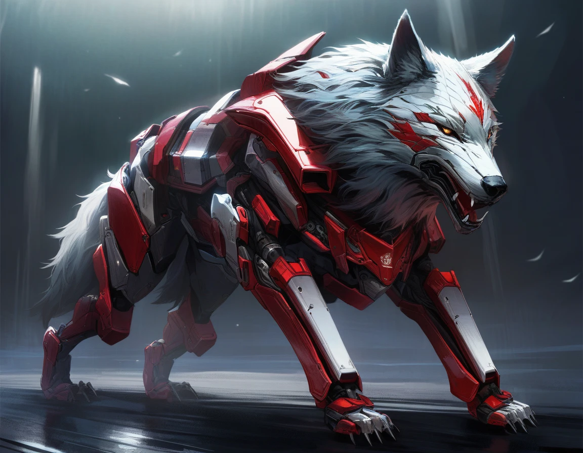 ((Masterpiece)), ((Best Quality)), (Very Detailed), ((Very Detailed)), 4K, (8K), very aesthetic, absurdres highres, A highly detailed and realistic illustration of a wolf wearing advanced red and silver mechanical armor. The armor should have intricate details, with visible joints, wires, and panels, giving a futuristic and robotic appearance. The wolf should have a majestic and fierce expression, with sharp, intense eyes. The fur should be a vibrant red with white highlights, seamlessly integrated with the armor. The mechanical armor should feature various shades of red with metallic silver accents, showing signs of wear and battle damage for added realism. The armor plates should have a glossy finish with subtle reflections and highlights. The wolf's posture should be strong and imposing, standing on all fours, ready to run, with its head held high. The wolf should display a natural and realistic movement, as if it understands the physiology and behavior of real wolves. The background should be plain and unobtrusive, possibly a simple gradient or solid color, to ensure all focus is on the character.
