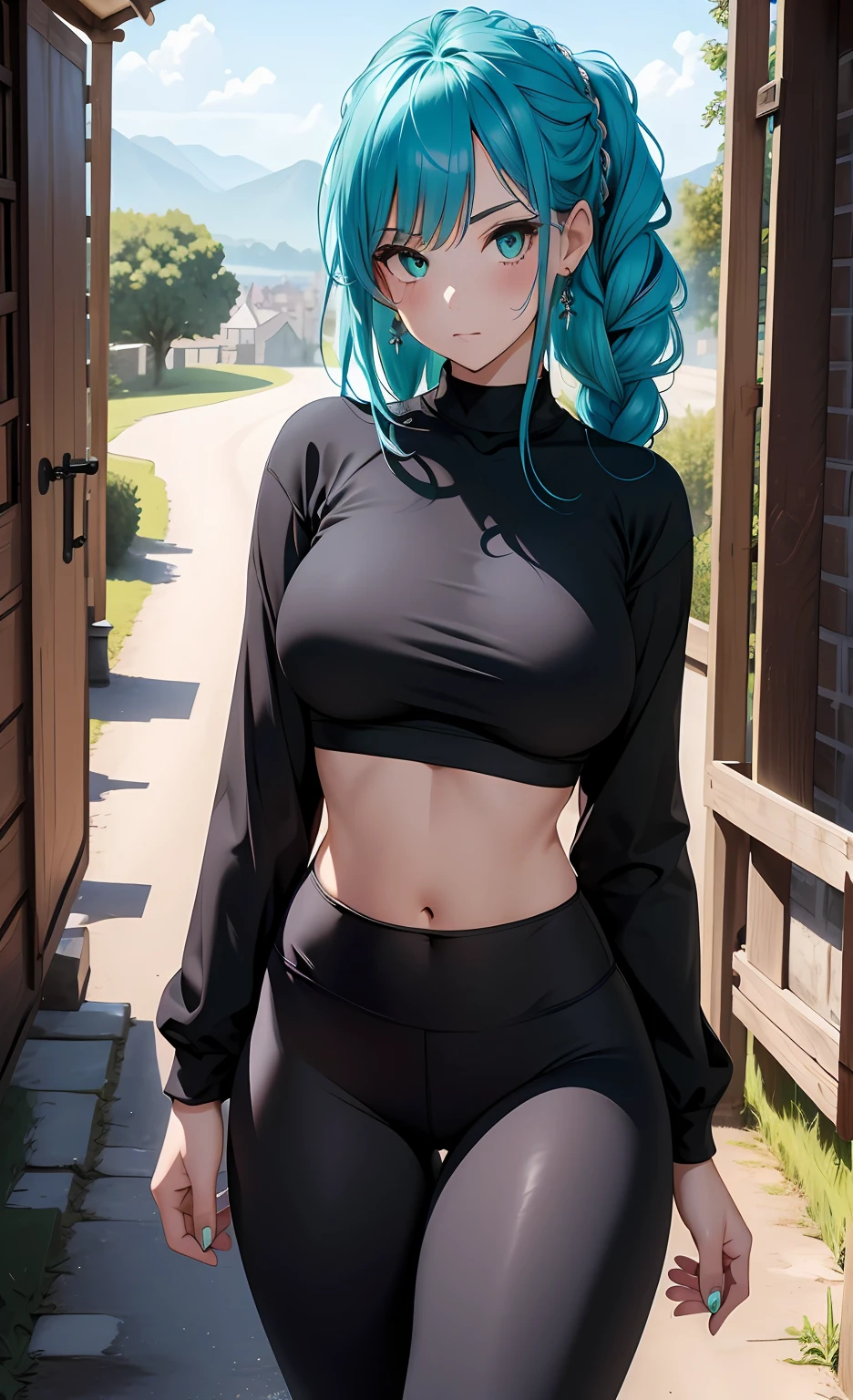 (Best quality), (masterpiece), (ultra detail), A cute girl, highly detailed face, indifferent facial expression, teal crystal eyes, turquoise hair, french braid, full body, in the country side castle in England like , BREAK, (black yoga leggings) , ( tight black cropped t-shirt) (navel showing )