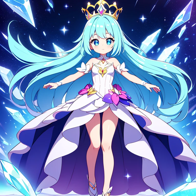 Full body, beautiful eyes , 1 girl , full body , cute girl , anime style , cute eyes , (standing up) , (Crystella is a small, humanoid Pokémon with a body composed of shimmering crystals. Its form is delicate and elegant, with facets that catch and refract light, creating a dazzling array of colors. Crystella's eyes are large and bright, filled with curiosity and a hint of mischief. It has short, crystalline hair that sparkles in the light, and its limbs are slender and graceful. ) (ball gown) , crown , hidden legs ,( princess) , (ballgown covers legs),