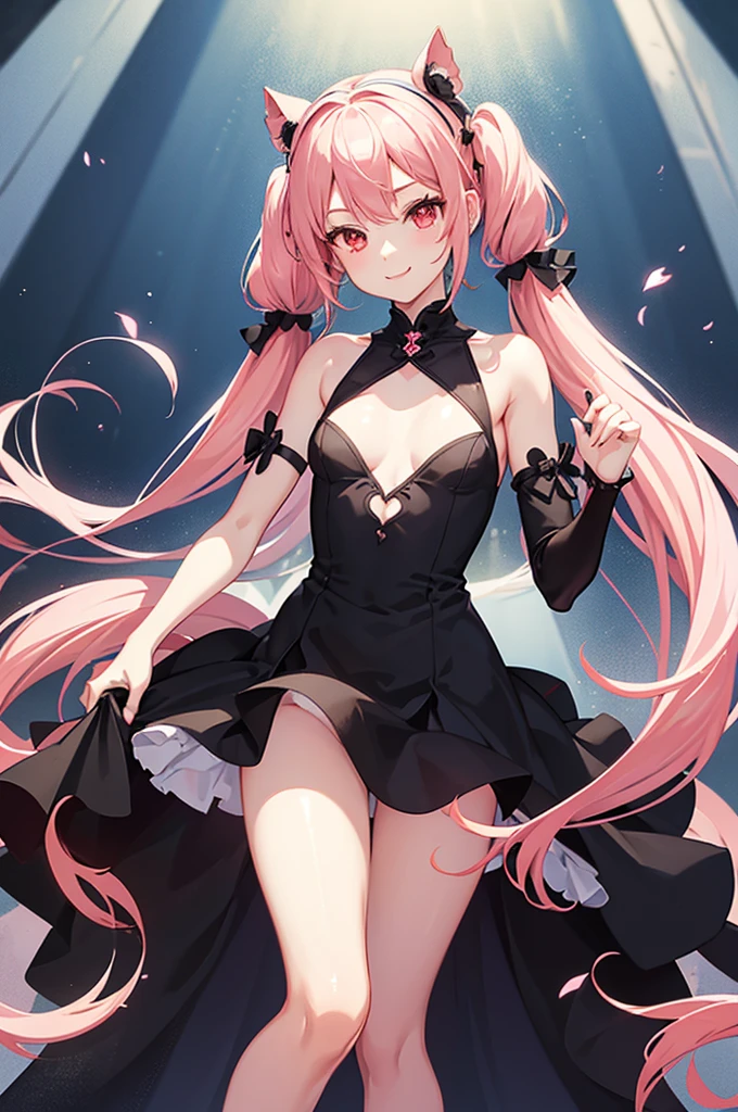 Perfect human body modeling, 1girl, small breasts, beautiful girl, cute girl and idol face, young face, smile, Beautiful long pink hair, twintails, Beautiful shining red eyes, white skin, Short body, 2B, Nier automate dressing in costume, esp. as a manga character, etc