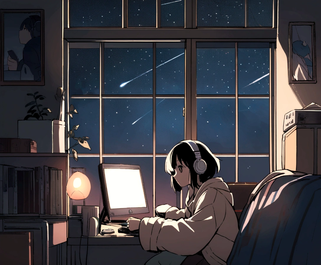 night、Girl listening to music in a cozy room, Using headphones,, Lo-Fi, hard disk, There is a slight light on, Makoto Shinkai style, There are many shooting stars outside the window
