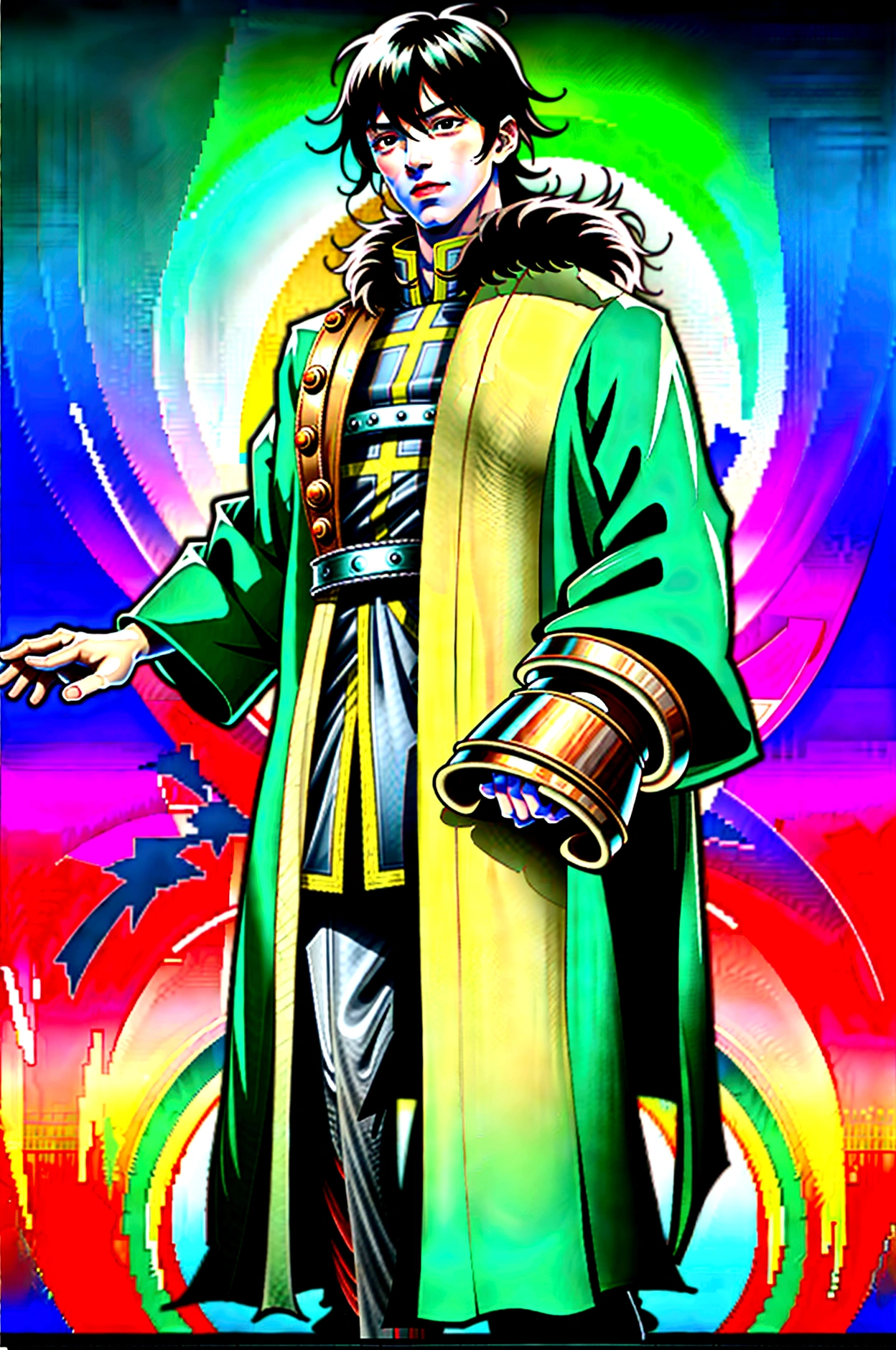 yuichiro hyakuya, expressive eyes, 1 boy, black hair, green eyes, brown coat, gray armor, green shield, green cloak, dark brown gloves, town, fur trim, anime, standing, good quality, portrait, looking at viewer