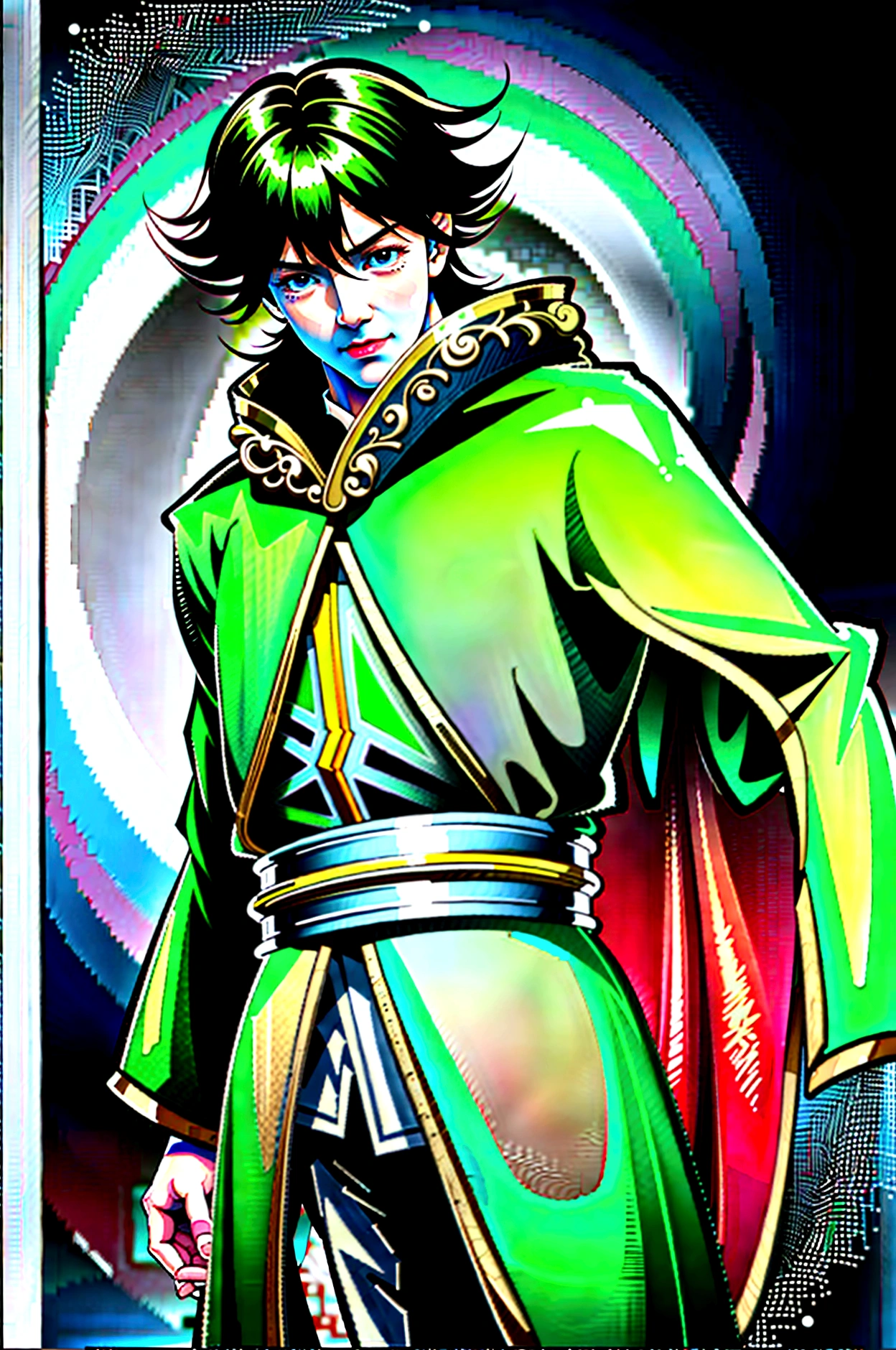 yuichiro hyakuya, expressive eyes, 1 boy, black hair, green eyes, brown coat, gray armor, green shield, green cloak, dark brown gloves, town, fur trim, anime, standing, good quality, portrait, looking at viewer