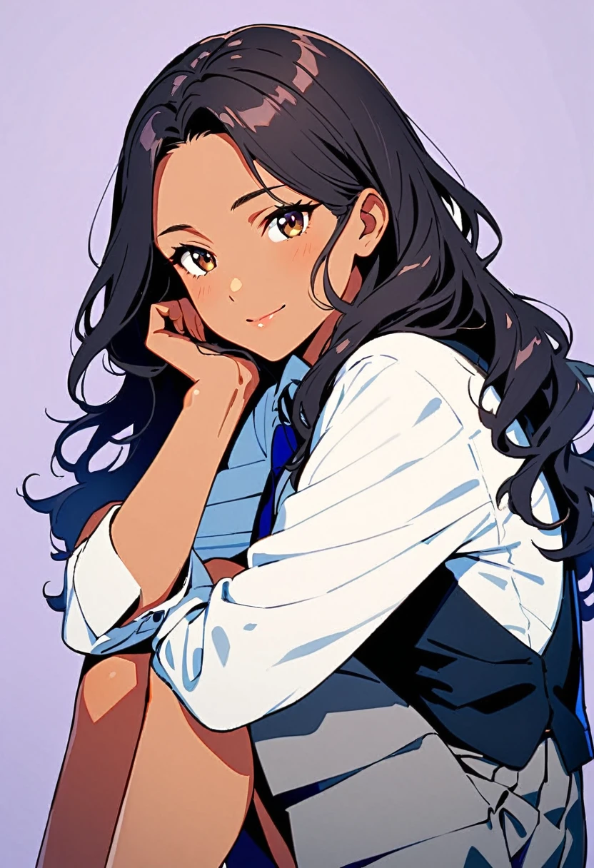 a woman, 19-years-old, solo, mature face, average height, tan skin, (long black wavy hair that's parted in the middle:1.2), no bangs, brown eyes, warm smile, black waistcoat, white formal shirt, gray pleated skirt, blue necktie, black tights, (sitting with knees up, hugging knees, head resting on knees, bright indigo background:1.1)