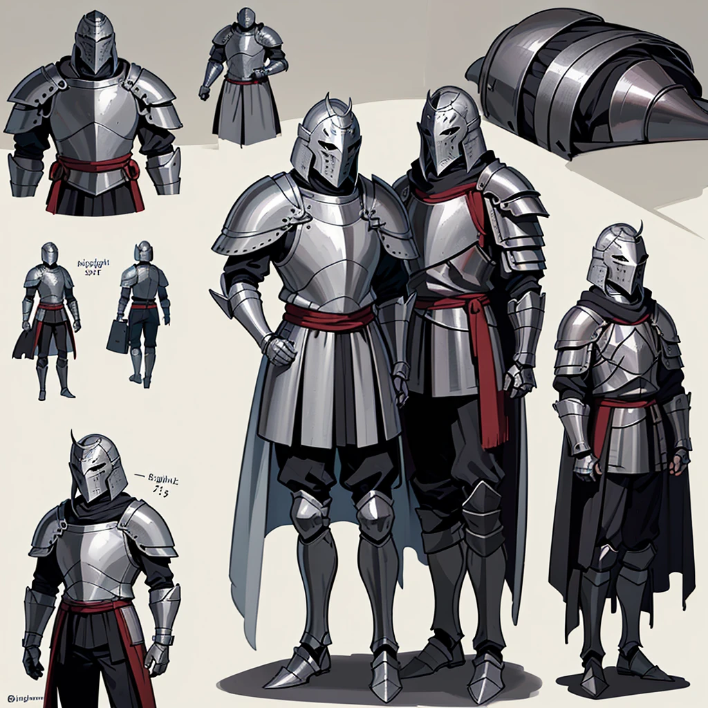 Best illustrations、Best Quality、(Full body character concept、detailed)、(Iron Mask、Iron Helmet、pocket)、(((Medieval Knight、Simple grey armor、male、Age 25)))、(((Get Ready)))、(Medieval Knightが10人)、(behindから、behind)