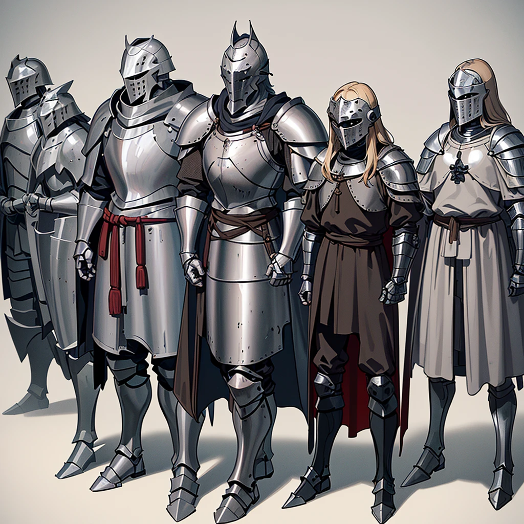 Best illustrations、Best Quality、(Full body character concept、detailed)、(Iron Mask、Iron Helmet、pocket)、(((Medieval Knight、Simple grey armor、male、Age 25)))、(((Get Ready)))、(Medieval Knightが10人)、(behindから、behind)