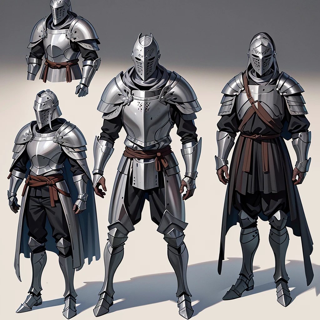 Best illustrations、Best Quality、(Full body character concept、detailed)、(Iron Mask、Iron Helmet、pocket)、(((Medieval Knight、Simple grey armor、male、Age 25)))、(((Get Ready)))、(Medieval Knightが10人)、(behindから、behind)