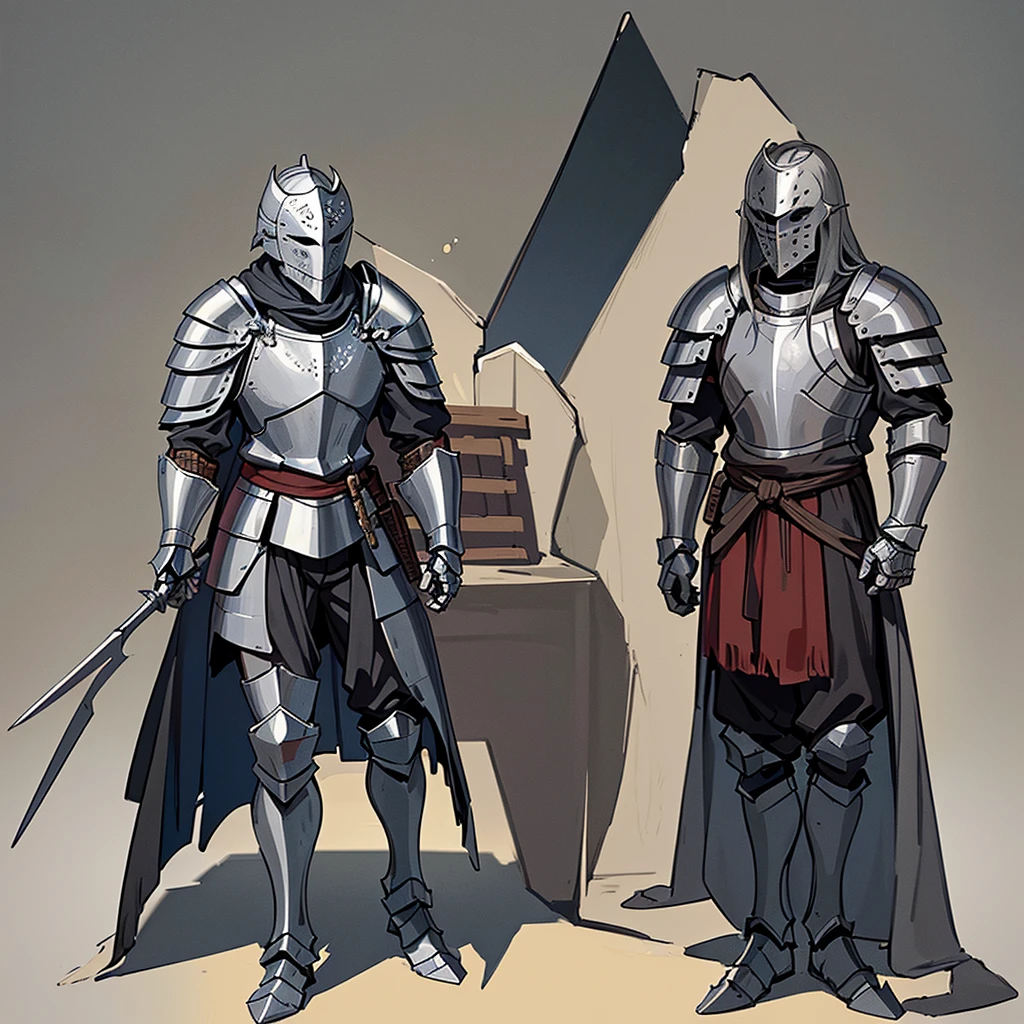 Best illustrations、Best Quality、(Full body character concept、detailed)、(Iron Mask、Iron Helmet、pocket)、(((Medieval Knight、Simple grey armor、male、Age 25)))、(((Get Ready)))、(Medieval Knightが10人)、(behindから、behind)