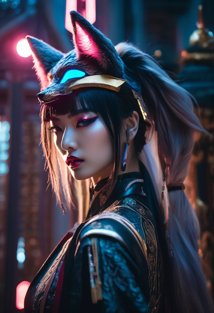 Cinematic shot of a stylish Korean girl in modern fox cosplay, wielding a luminous moon sword at a contemporary temple. Dramatic shadows accentuate her fierce pose, while soft moonlight bathes the scene. Intricate costume details blend traditional and futuristic elements. Neon accents contrast with muted temple tones, creating a cyberpunk-meets-folklore aesthetic. Captured in high-resolution with moody, atmospheric lighting reminiscent of cinematographer Roger Deakins.