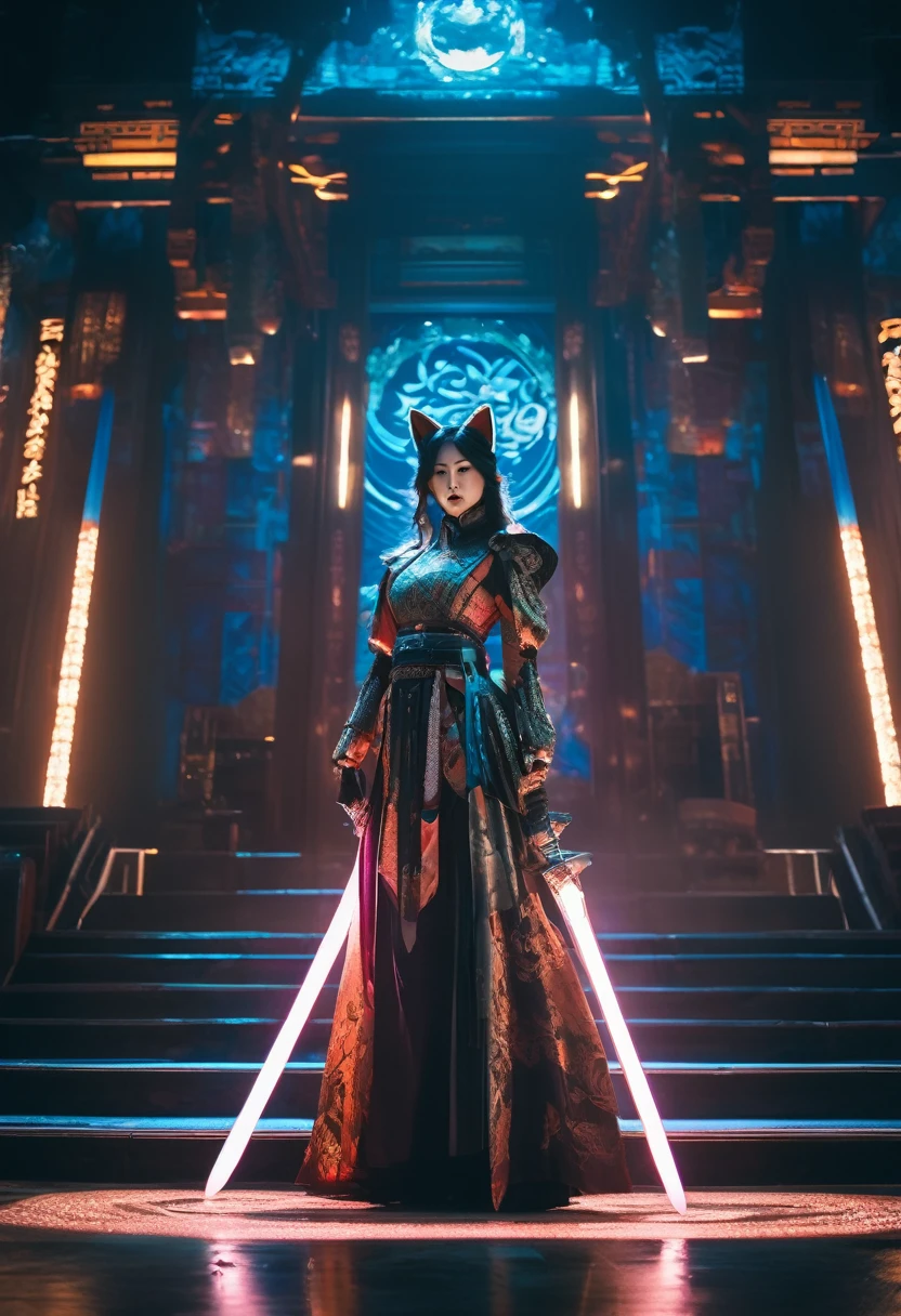 Cinematic shot of a stylish Korean girl in modern fox cosplay, wielding a luminous moon sword at a contemporary temple. Dramatic shadows accentuate her fierce pose, while soft moonlight bathes the scene. Intricate costume details blend traditional and futuristic elements. Neon accents contrast with muted temple tones, creating a cyberpunk-meets-folklore aesthetic. Captured in high-resolution with moody, atmospheric lighting reminiscent of cinematographer Roger Deakins.