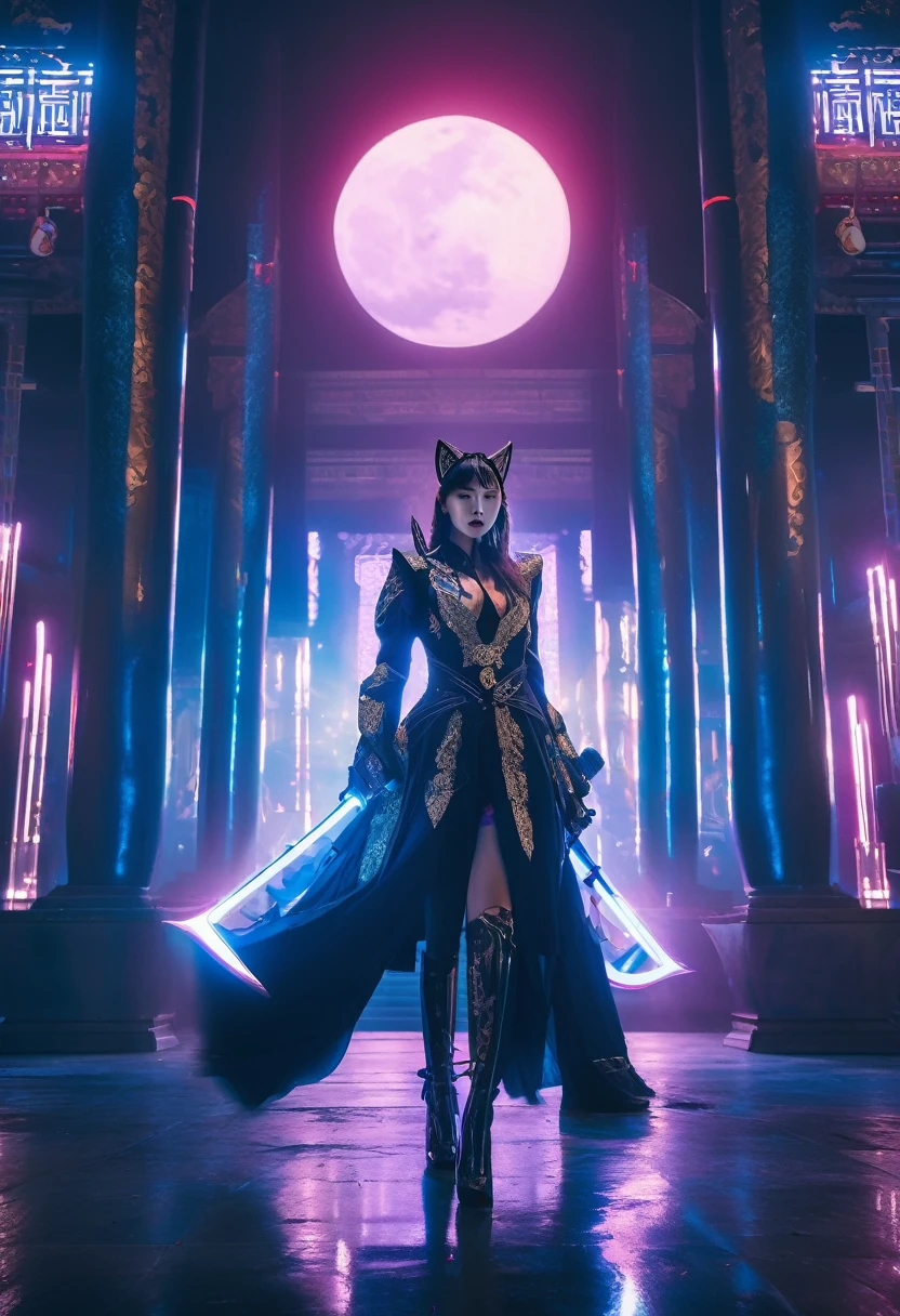 Cinematic shot of a stylish Korean girl in modern fox cosplay, wielding a luminous moon sword at a contemporary temple. Dramatic shadows accentuate her fierce pose, while soft moonlight bathes the scene. Intricate costume details blend traditional and futuristic elements. Neon accents contrast with muted temple tones, creating a cyberpunk-meets-folklore aesthetic. Captured in high-resolution with moody, atmospheric lighting reminiscent of cinematographer Roger Deakins.