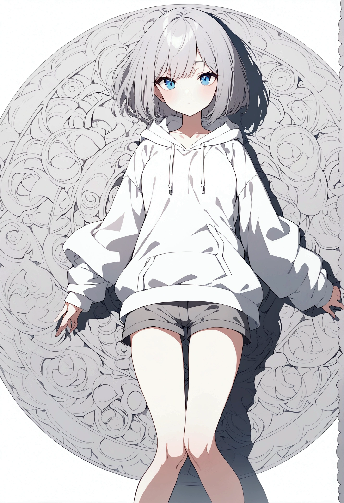 girl,Gray Hair,Blue Eyes,Bob,White hoodie,Grey shorts,front,whole body
