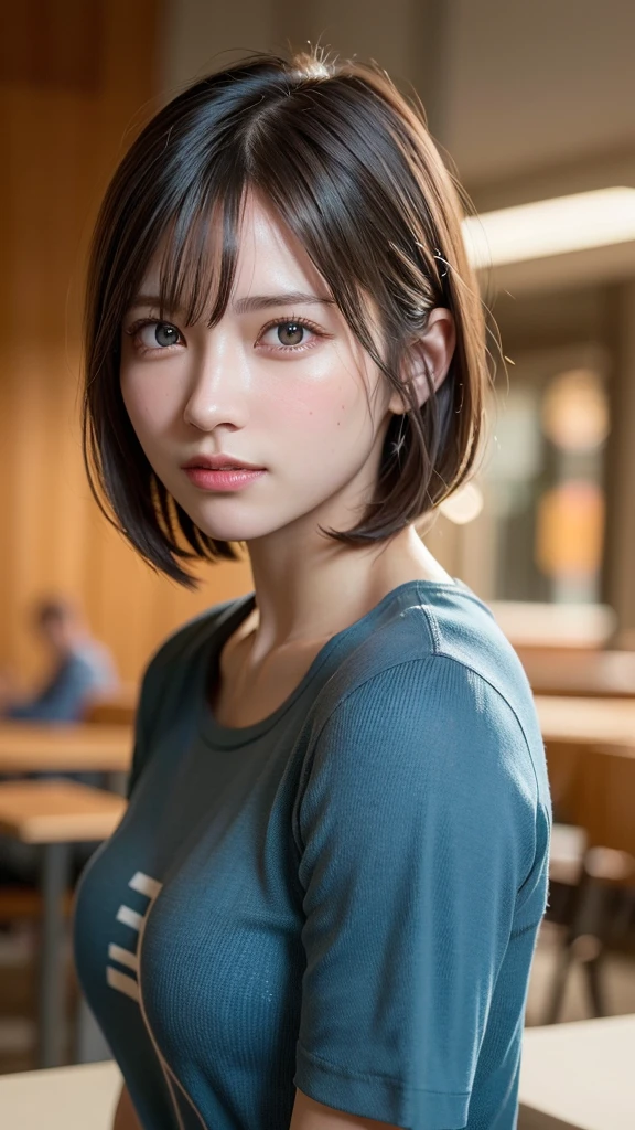 Highest quality, In 8K, Tabletop, Ultra-high resolution, Photorealistic, 1 girl, Look at the viewers, round neck short sleeve shirt, , ((Short Bob)), Glowing Skin, One super beautiful female college student, ((Ultra-Realistic Details)), Portrait, Global Illumination, Shadow, Octane Rendering, Super sharp, Very intricate details, Realistic Light, Beautiful Eyes