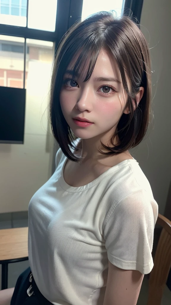 Highest quality, In 8K, Tabletop, Ultra-high resolution, Photorealistic, 1 girl, Look at the viewers, round neck short sleeve shirt, , ((Short Bob)), Glowing Skin, One super beautiful female college student, ((Ultra-Realistic Details)), Portrait, Global Illumination, Shadow, Octane Rendering, Super sharp, Very intricate details, Realistic Light, Beautiful Eyes