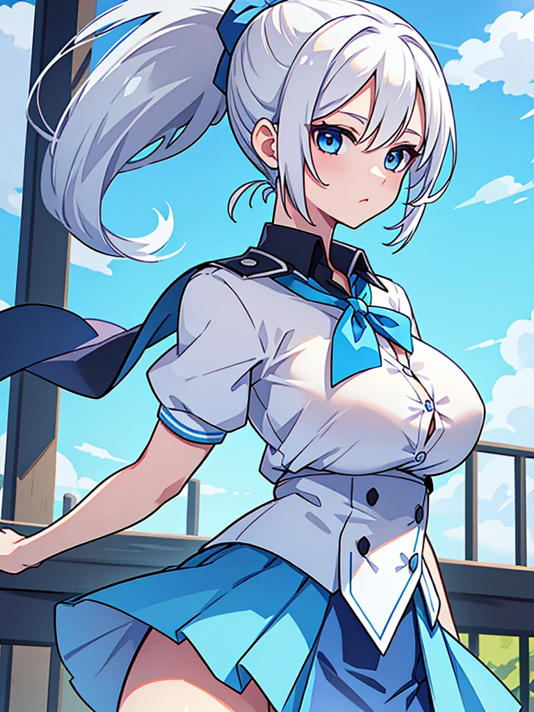pretty,sexy,wind,button unbuttoned,white hair,ponytail,blue clothes,Blue Eyes,Adult,busty,skirt