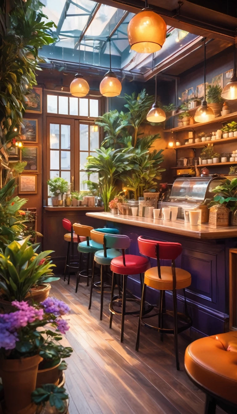 Anime Style, The interior of the coffee shop is painted with exquisite detail and vibrant colors.. Delicate steam rising from hot cappuccino coffee on the table, The seats are fitted with soft, colorful cushions, Lots of potted plants, Create a cozy and inviting atmosphere. Soft lighting casts a warm, beautiful glow over the dreamy scene, It&#39;s evening, An ideal place to relax and escape from reality. (Prompts B and C) Anime Style coffee shop interior, Steaming hot coffee on the table, Creating a cozy space, Beautiful and dreamy atmosphere. (High resolution, 8K) Super detailed anime illustration of a coffee shop interior, Display a hot cup of coffee on a table, Create a warm and cozy atmosphere