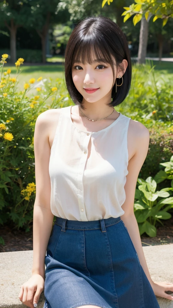(8K, Photorealistic, Raw photo, Highest quality: 1.4),Japanese idol-style beautiful girl,1 person,18-year-old,(Short Bob),(Black Hair :1.1),She has her hair tucked behind her ears,Clear grey eyes,Long eyelashes,(piercings(small)),(Lip gloss),lips(Plump,glossy),thin long neck,(Sleeveless shirt(Linen fabric)),(flare skirt(Transparency)),pumps,Park Trails,Date with boyfriend,Smiling at the camera,Full body portrait